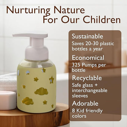 SoCal Suds & Company Glass Foaming Hand Soap Dispenser, Soft Grip Silicone Sleeve, Refillable Pump Bottle for Kids, Baby Wash & Shampoo, Ideal for Home Use, Light Yellow 8oz