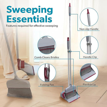 BLACK+DECKER Butler Broom & Dustpan Set - Stand-Up Design - Lightweight, Space-Saving Combo for Kitchen, Living Room, Bathroom, Lobby Floors - Home Cleaning Essential, Light Gray/Burgundy