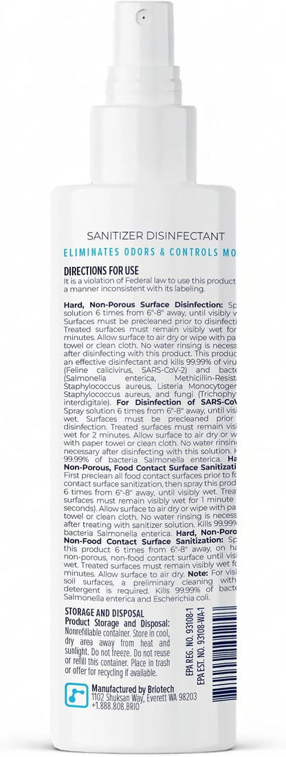 BRIOTECH Sanitizer Disinfectant Hypochlorous Spray, Kill 99.99% of Viruses & Bacteria, Control Mold, Eliminate Odor, Gentle for Nursery & Play Rooms, Food Contact Surface Sanitizer, 8 fl oz (2 Pack)