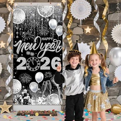 2026 Happy New Year Door Cover Banner Black and Sliver Photography Background New Years Eve Party Decoration Backdrop Holiday Party Hanging Poster Background Banner 35.4x70.8inch