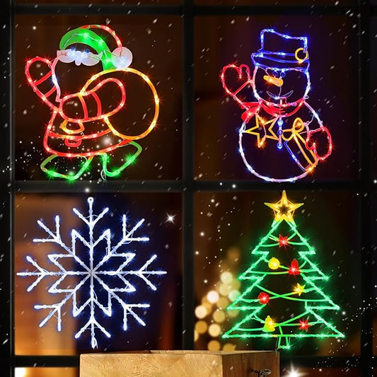 Christmas Decorations - 16" Christmas Window Silhouette Lights - 4 Pack Colour Lighted Santa & Snowman & Snowflake & Christmas Tree for Holiday Indoor and Outdoor Wall Door Window Decorate