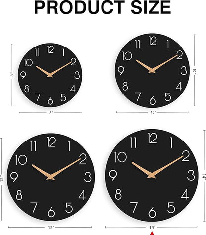 Wall Clock, 14 Inch Wooden Silent Non-Ticking, Decorative Battery Operated Wall Clocks for Bedroom, Kitchen, Home, Living Room, Office, School, Hotel (Black)
