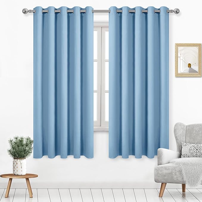 DWCN Light Blue Blackout Curtains for Living Room, Room Darkening Thermal Insulated Grommet Drapes for Bedroom 60 x 63 Inches Long, Set of 2 Panels