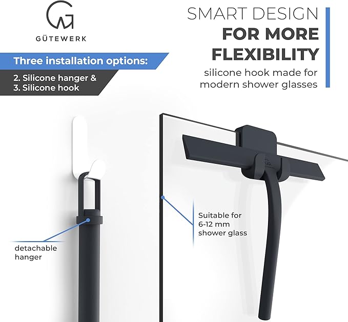 GÜTEWERK Shower Squeegee for Glass Doors, Silicone Window Squeegee, Bathroom and Glass Cleaning - Black - 9 Inch