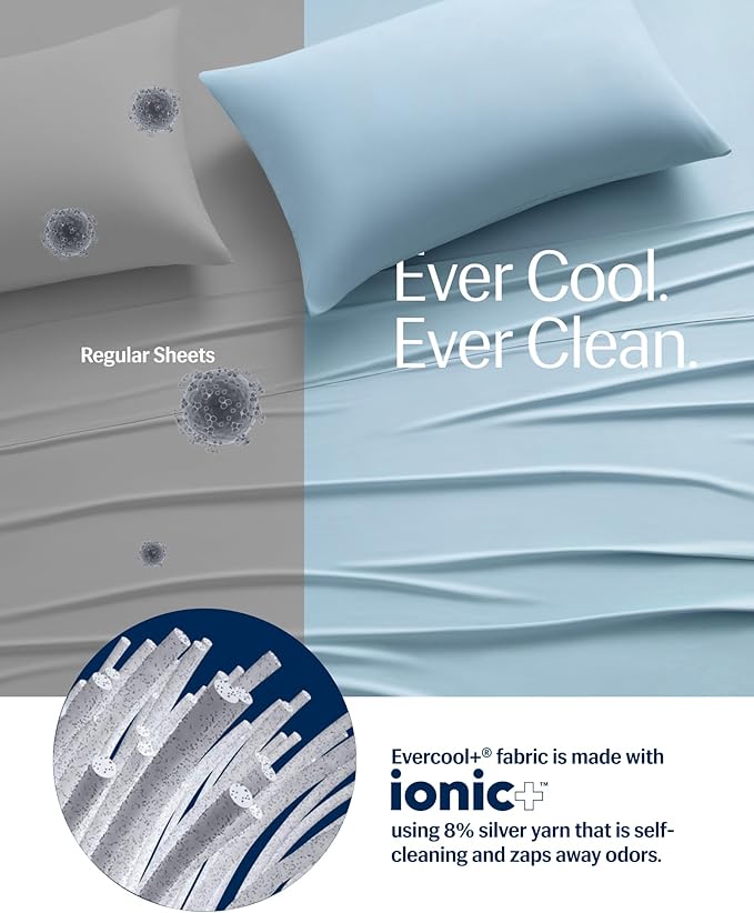 REST® Evercool®+ Cooling Sheet Set, King Size, Light Blue, Breathable Bed Sheets for Hot Sleeper and Night Sweats, with Pillowcases, with Ionic+ Self-Cleaning Silver Yarn for Sensitive Skin, 4PCS
