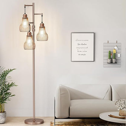 Dimmable Floor Lamps for Living Room, Industrial Tree Standing Tall Lamps with 3 Elegant Cage Shade & 800 Lumens LED Bulbs for Bedroom Office - Brown