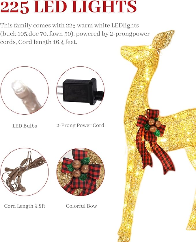 3-Piece Large Lighted Christmas Deer Family Set, Christmas Indoor and Outdoor Decoration with 225 Warm White LED Lights, Ground Pegs, Cable Ties. Suitable for Patio Lawn Garden Party-Cold