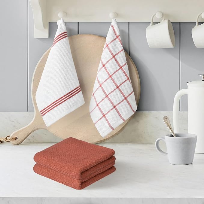 Artoid Mode Ring Spun Cotton Red Dishcloth Kitchen Towels, 12x12 Inch Ultra Soft Absorbent Quick Drying Household Cleaning Kitchen Rags Set of 6