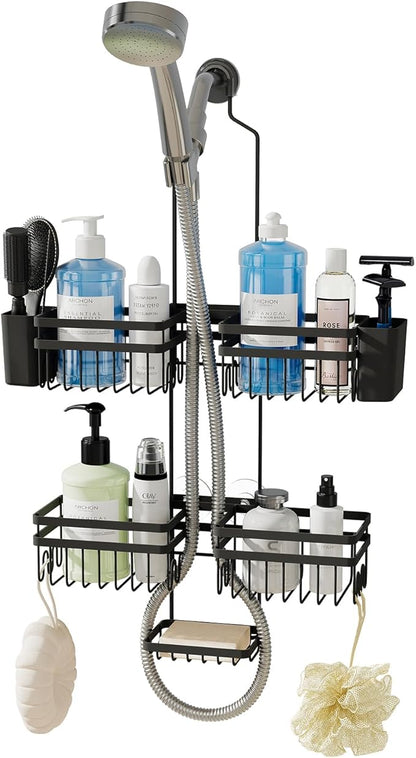 Shower Caddy Hanging for Bathroom Organizers and Storage - 3-Tier Adjustable Anti-Swing Shower Organizer for Handheld Showerhead with Heavy-Duty Suction Cups, Damage-Free Rustproof (Black)