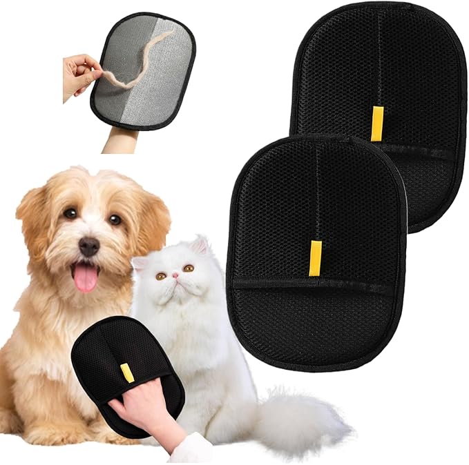 Pair Pack Electrostatic Pet Hair Remover Gloves - 2pcs Grooming Gloves for Dog Cat, Reusable Washable Fur Removal for Clothes, Bedding, Furniture, Carpet, Car Seats