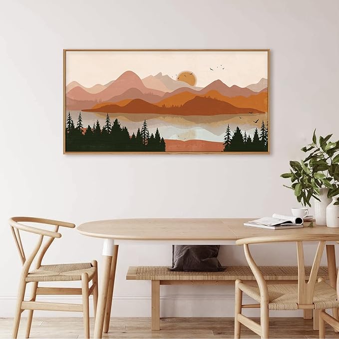 HLNIUC Boho Mountain Burnt Orange Wall Art Framed, Mid Century Modern Terracotta Wall Decor 40x20, Southwest Sunset Canvas Painting, Large Nature Picture for Living Room, Bedroom, Office