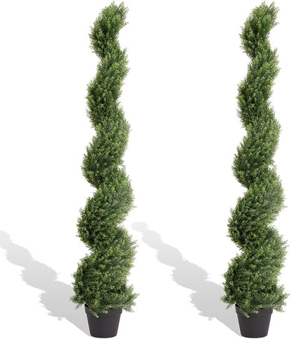 THE BLOOM TIMES 5ft Artificial Topiary Trees Set of 2, Faux Cedar Cypress Spiral Topiary Trees Outdoor - Fake Plants for Garden Front Porch Indoor Outside Planter Christmas Decor 5 Foot
