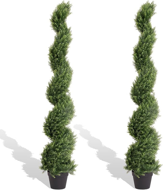 THE BLOOM TIMES 5ft Artificial Topiary Trees Set of 2, Faux Cedar Cypress Spiral Topiary Trees Outdoor - Fake Plants for Garden Front Porch Indoor Outside Planter Christmas Decor 5 Foot