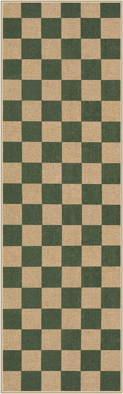 Lahome Checkered Outdoor Runner Rug, 2x8 Green Kitchen Runner Rugs for Non Skid Washable Entryway Carpet, Checkerboard Non Slip Non Shedding Carpet for Bedroom