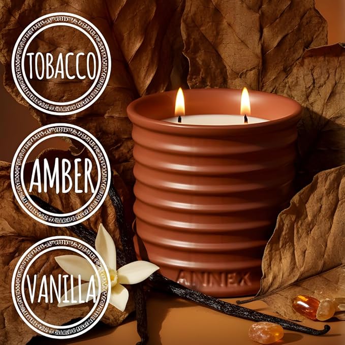 Annex Tobacco, Vanilla & Amber Luxury Scented Candle - Handmade Ceramic Jar - 50hr Clean Burn, Non-Toxic Soy Wax - Aesthetic Home Decor Winter Gift for Men & Women - Oud & Sandalwood