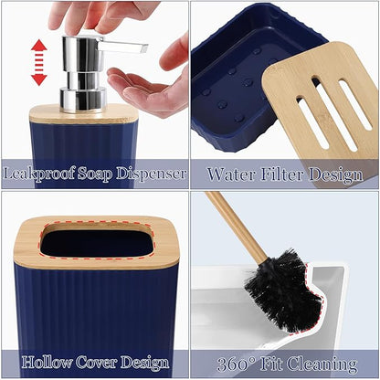 Navy Blue Bathroom Accessories with Bath Towels Ombre Shower Curtain, Blue Bathroom Setwith Trash Can,Toothbrush Holder,Toothbrush Cup,Soap Dispenser,Soap Dish,Toilet Brush and Qtip Holders