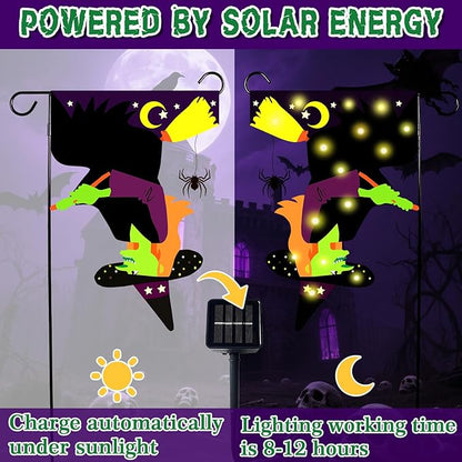 Halloween Solar-Powered Lighted Witch Garden Flag, 12x18 Inch Double-Sided Outdoor Decor with 8 Lighting Modes, Waterproof Yard Flag for Halloween Patio, Lawn & Porch