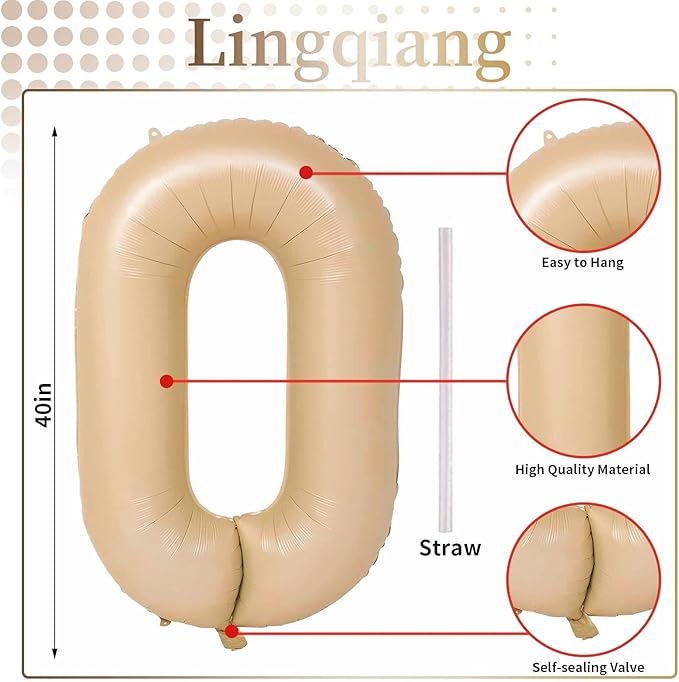 Nude 0 Balloons, 40 Inch Large Tan Foil Number Balloons Set 0-9, Self Inflating Digital 0 Helium Balloon for Boys Girls Men Women 10th 100th Age Birthday Anniversary Party Decorations Supplies