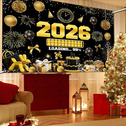 New Years Eve Party Backdrop for 2026, Gold Happy New Year Photo Background Great New Yeras Decorations for Outdoor Indoor Home Wall 7x5ft