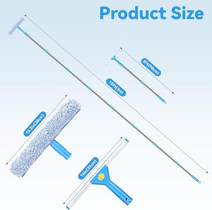 10Ft Window Washing Kit with Extension Pole(Thickened), Window Cleaning Kit with 14" Squeegee & 15" Scrubber (2 Brush Covers), Window Cleaner Tool Washing Equipment for Outdoor High Windows Glass