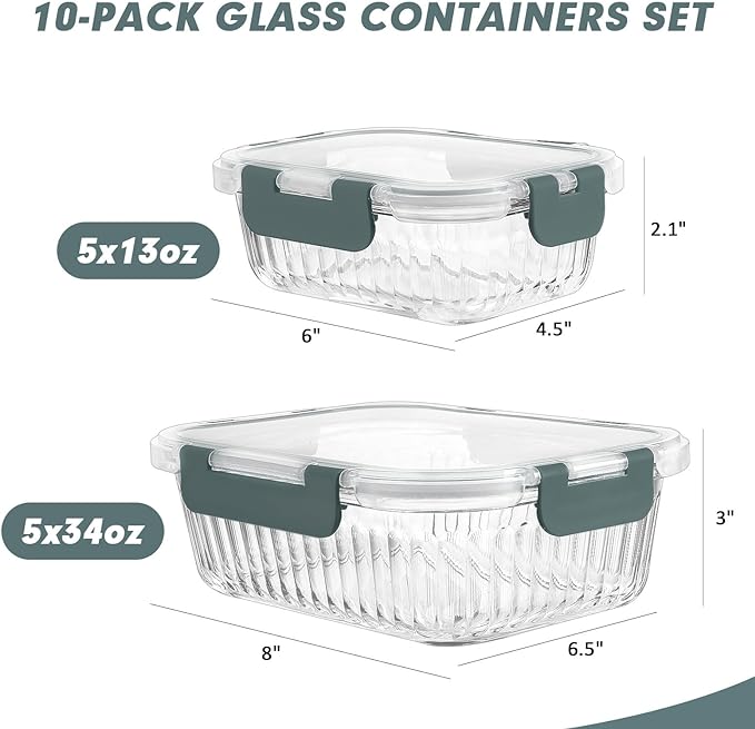 10 Packs Glass Meal Prep Containers with Lids, Glass Food Storage Containers Set, Airtight Lunch Containers, Microwave, Oven, Freezer and Dishwasher Safe, Gray