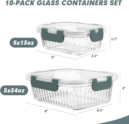 10 Packs Glass Meal Prep Containers with Lids, Glass Food Storage Containers Set, Airtight Lunch Containers, Microwave, Oven, Freezer and Dishwasher Safe, Gray