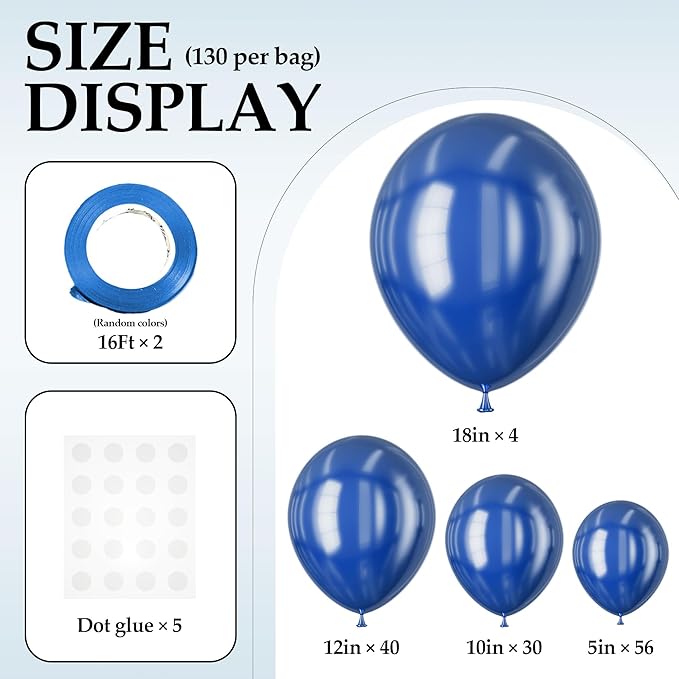 130PCS Metallic Blue Balloons, Latex Balloon Different Sizes 18/12/10/5 Inch, Helium Balloons with Ribbon, Party Balloon for Birthday Wedding Graduation Anniversary Baby Shower Decoration