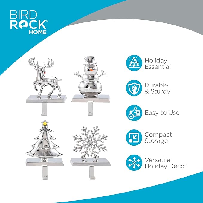 BIRDROCK HOME Christmas Stocking Holders for Mantle - Weighted Metal Hanger for Stockings & Holiday Decor - Metal Hook for Fireplace, Staircase, Shelf - Non-Scratch Base - Holiday Collection, Set of 4