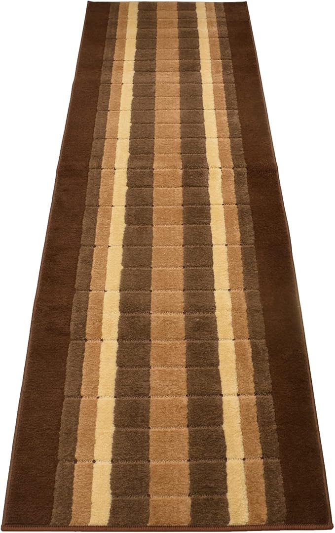 Washable Custom Size Runner Rug Squares Geometric Design Extra Long Runner Rugs for Hallways 26 Inch Wide x Pick Your Size by Feet Slip Skid Resistant Rubber Back (Square Brown, 14 ft x 26 in)