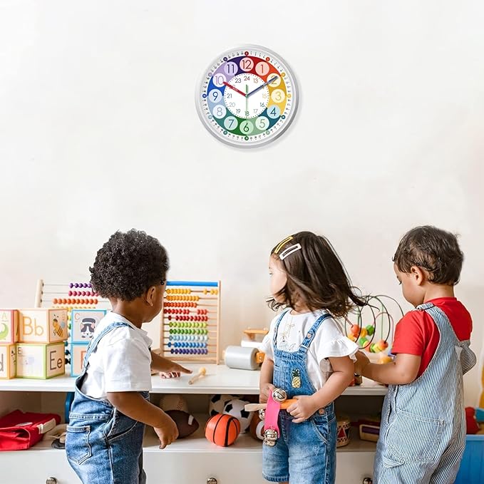 XFM Learning Clock for Kids 8 Inch Silent Wall Clocks Battery Operated Colorful Teaching Time Clock Small Analog Clock for Kids Room Classroom School Playroom