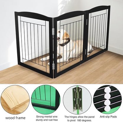 ZJSF Freestanding Foldable Dog Gate for House Extra Wide Wooden Black Puppy Gate Stairs Dog Gates Doorways Tall Pet Gate 3 Panels Pet Fence