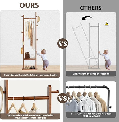 Solid Wood Coat Rack Clothes Rack, Coat Rack Freestanding with 2 Shelves and 5 Hooks, Heavy Duty Coat Tree for Entryway, Living room, Coat Hanger Stand for Hats, Bags Clothes(Walnut Brown)