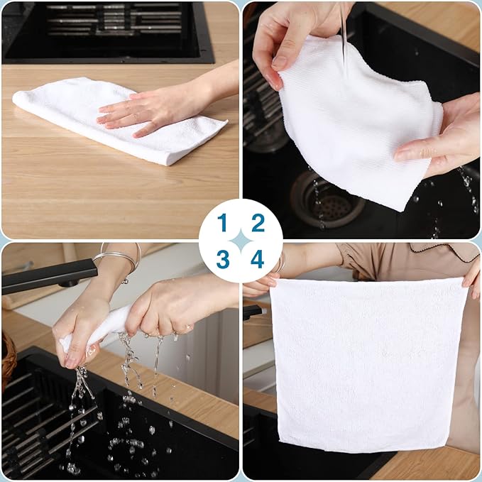 Macarrie 200 Pieces Microfiber Cleaning Cloths Bulk Absorbent Microfiber Towels Reusable Lint-Free Streak Free Wash Rags for House Kitchen Office Restaurants Bar Shop Car, 12 x 12 Inches (White)