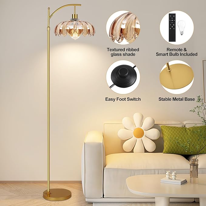 Arc Floor Lamp with 3 Color Temperatures,Gold Floor Lamp with Remote & 3 Color Temperature,Mid Century Modern Standing Lamp with Glass Lampshades,Vintage Tall Floor Lamps for Living Room Bedroom