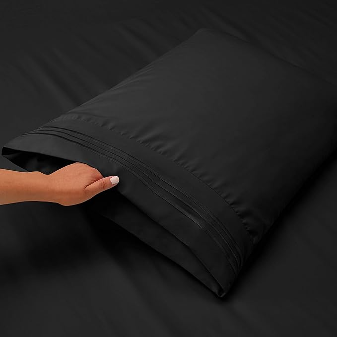 Nestl Short Queen Sheet Set - 1800 Ultra-Soft Microfiber - Double Brushed - Deep Pockets - Easy Fit - 4 Piece Set - Bed Sheets (Short Queen, Black)