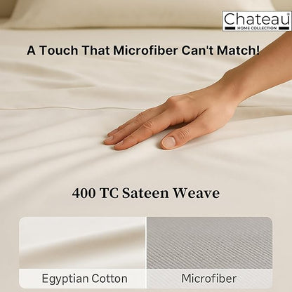 100% Egyptian Cotton California King Sheets Deep Pockets Fits Upto 17", 400 Thread Count Soft Sateen Weave Breathable Bed Sheets, Naturally Cooling Sheet & Pillowcase Sets, Cal King Sheet Set- Ivory