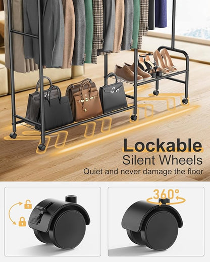 10-in-1 Clothes Rack, Multi-Function Garment Rack with 3 Tier Shelves, 3 Hanging Rod, 4 Handy Hook, Heavy Duty Clothing Rack Up to 620 LBS, Metal Wardrobe Closet for Bedroom, Laundry, Balcony,Black