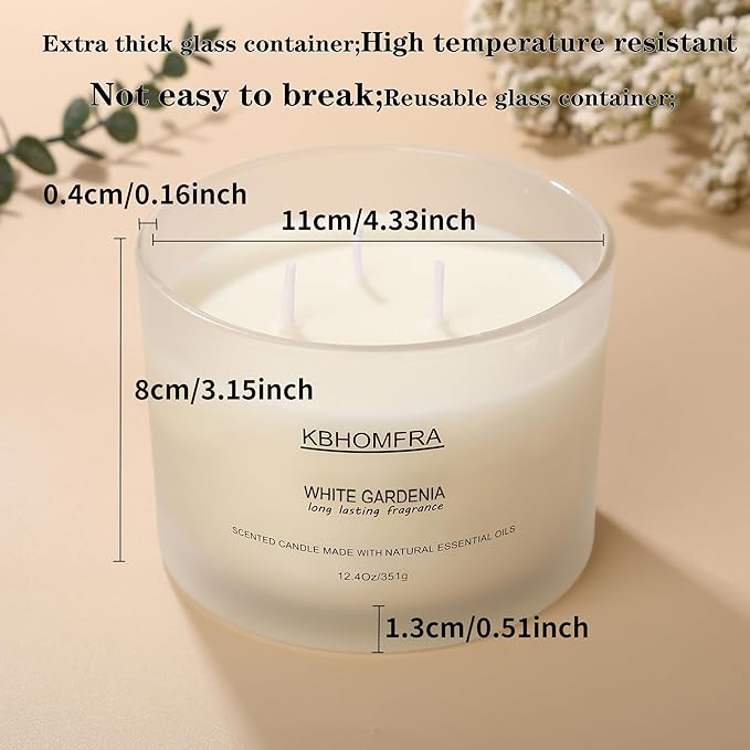 Scented Soy Wax Candle, 12.4 Oz Glass Jar, 70+ Hours Burn Time, Natural Essential Oils, Cotton Wick, Long Lasting Fragrance, Modern Contemporary Style (White Gardenia 2pack)
