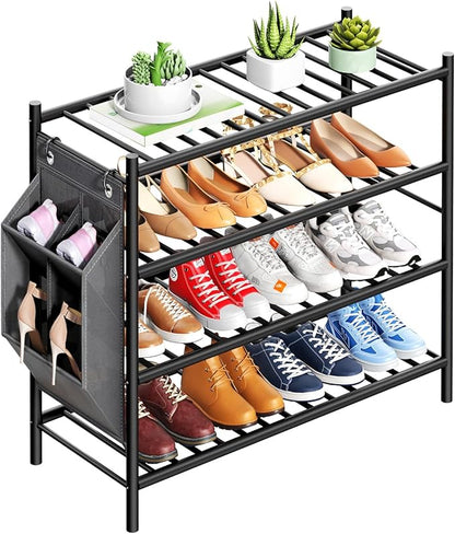 Bamboo Shoe Rack for Closet Small Wooden Shoe Organizer with Pouch, Sturdy Wood Shoe Shelf for Front Door Entrance Entryway and Outdoor, 26 inch Wide (Black, 4-Tier)