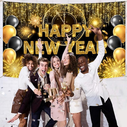 Black Gold Happy New Year Backdrop 2026 Kiss Me at Midnight Photography Background Cheers to The New Year Eve Hello 2026 Party Decorations Firework Banner Photo Props 7x5 ft