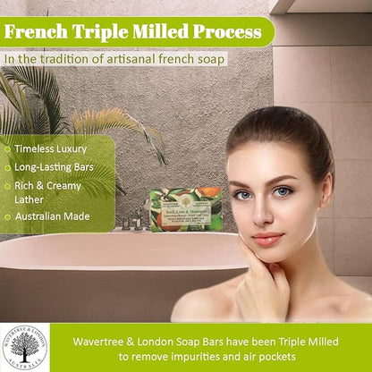 Wavertree & London Basil Lime & Mandarin Scented Natural Soap (2 Bars), 7oz Moisturizing French Triple Milled Soap Bars enriched with shea butter - Pure Plant Based Bath & Body Bars for All Skin Types