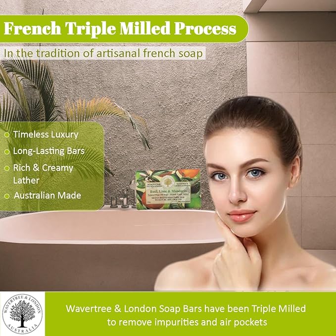 Wavertree & London Basil, Lime & Mandarin Scented Natural Soap (8 Bars), 7oz Moisturizing French Triple Milled Soap Bars enriched with shea butter - Pure Plant Oil Bath & Body Bars for All Skin Types