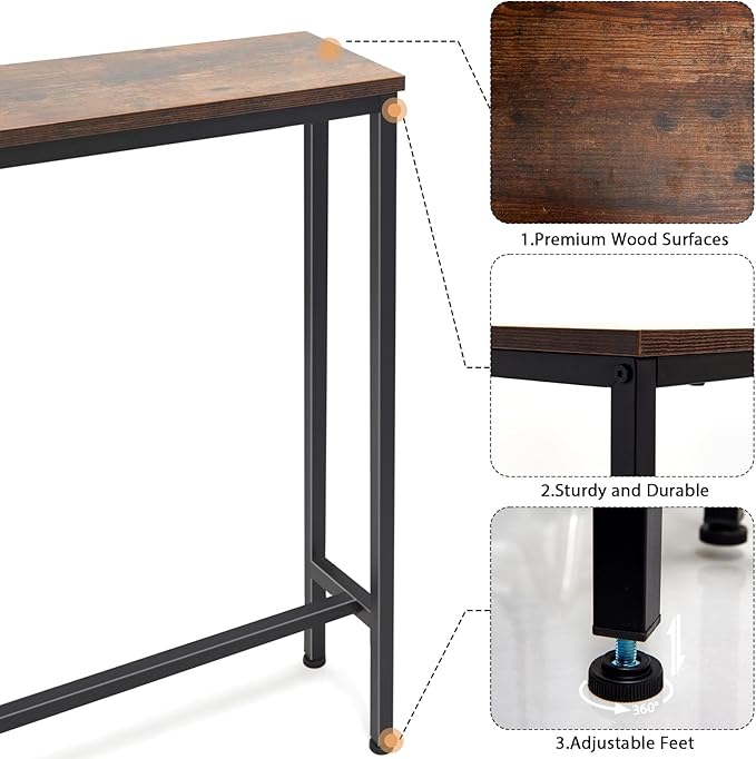 63 Inch Sofa Table，Narrow Console Table with Power Outlet，Slim Entryway Table for Living Room,Hallway,Bedroom(Rustic Brown)