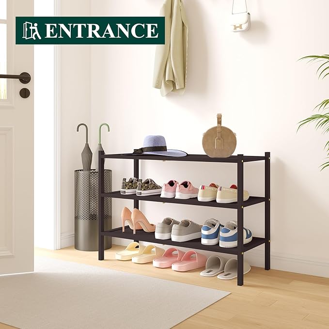 Smiry Bamboo Shoe Rack, 3 Tier Shoe Organizer for Entryway & Closet, Stackable Free Standing Storage Shelf for Shoes, Bags & Plants, Brown