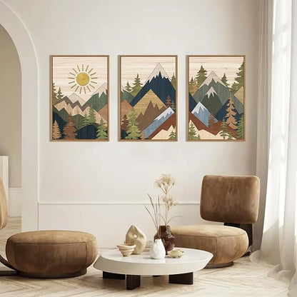 Large Abstract Mountain Woodcut Framed Canvas Wall Art,Neutral Pine Tree Wall Decor,Vintage Nature Forest Wall Painting,Rustic Artwork for Living Room,Bedroom,Dining Room,Farmhouse -24"x36"x3