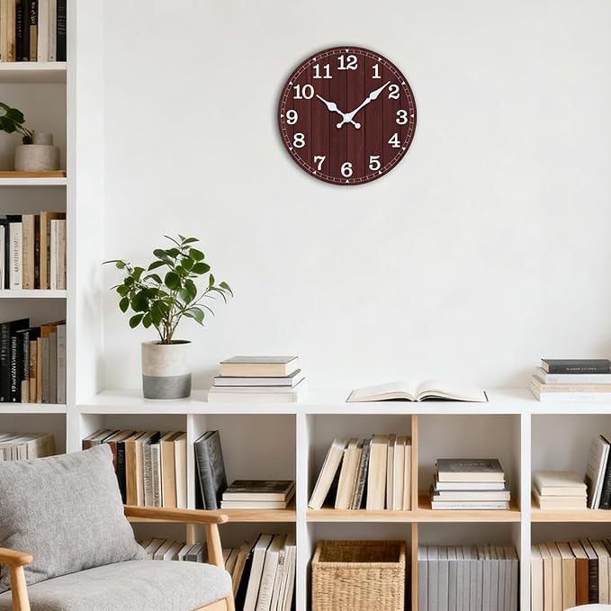 Wall Clock Battery Operated 8 Inch Brown Silent Non Ticking Country Rustic Design Vintage Retro Decorative for Bathroom Kitchen Bedroom