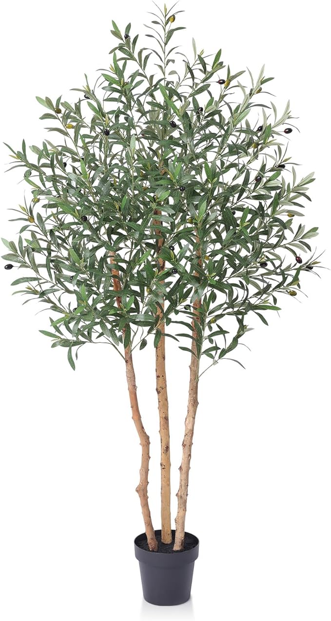6FT Olive Tree Artificial Indoor Faux Plant - Tall Fake Silk Tree, Natural Trunk, Easy Maintenance Fake Tree Home Decor - Large Indoor Plant for Living Room, Office, Modern Home,VN356