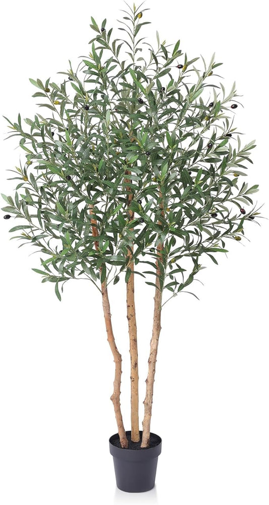 6FT Olive Tree Artificial Indoor Faux Plant - Tall Fake Silk Tree, Natural Trunk, Easy Maintenance Fake Tree Home Decor - Large Indoor Plant for Living Room, Office, Modern Home,VN356