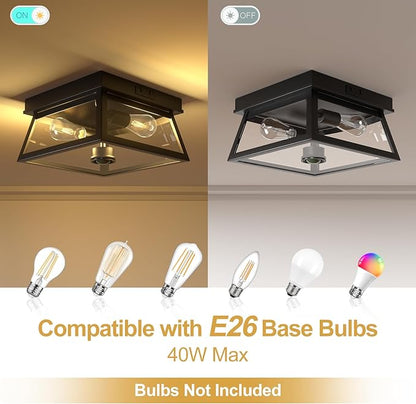 Motion Sensor Outdoor Ceiling Light, Flush Mount Black Porch Ceiling Lights Adjustable 2-Light Fixture with E26 Sockets, Closed Bottom, Glass and Metal for Garage, Patio, Hallway, Farmhouse