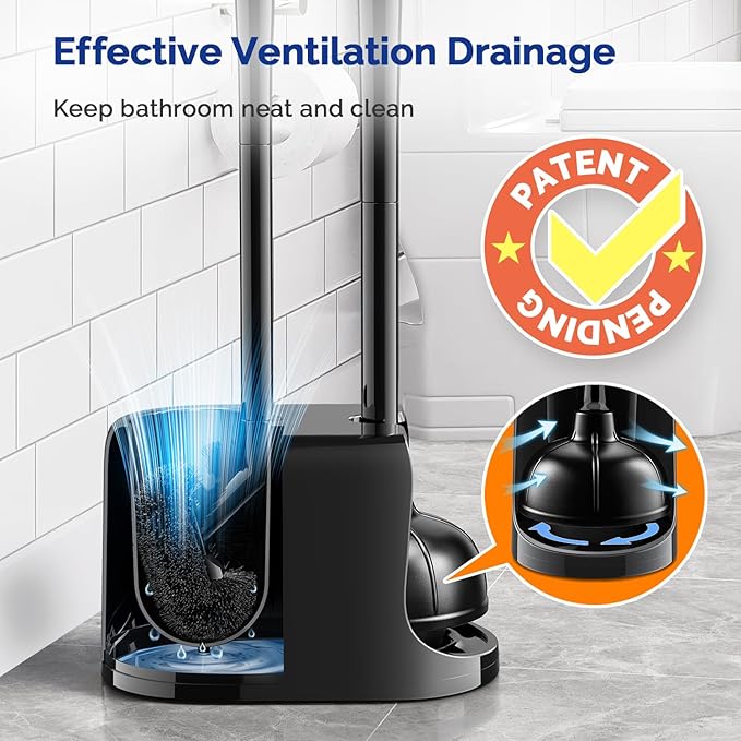 HAMITOR Toilet Plunger and Brush Set for Bathroom Cleaning with Extented Handle - Heavy Duty Toilet Plunger Combo Accessories with Caddy Stand Holder for Small Space - Black